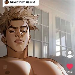  1boy afro artist_name bara blonde_hair brown_eyes cover_them_up_slut_(meme) dark-skinned_male dark_skin dialogue_box highres indoors large_pectorals likelihood_art looking_at_viewer male_focus meme muscular muscular_male nipples original pectoral_focus pectorals realistic short_hair solo tiktok topless_male undercut upper_body user_interface very_dark_skin 