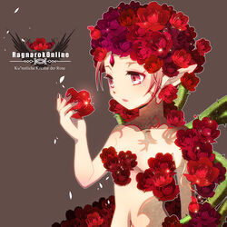  brown_background commentary_request copyright_name female flower gem german_text holding holding_flower humanization lif_(ragnarok_online) monster_girl nip_sakazuki nude open_mouth pink_eyes pink_hair plant_girl pointy_ears ragnarok_online red_flower rose short_hair solo sparkle thorns translated upper_body 