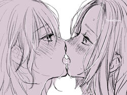  2girls artist_name blush byleth_(female)_(fire_emblem) byleth_(fire_emblem) commentary_request ear_blush edelgard_von_hresvelg fire_emblem fire_emblem:_three_houses forehead french_kiss kissing monochrome multiple_girls open_mouth portrait profile saliva signature sweat tears tongue yudepan_(yuri_no_sugata) yuri 