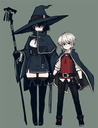  1boy age_difference belt black_footwear black_gloves black_hair black_legwear blonde_hair boots breasts brown_eyes cape commentary_request dress female full_body gloves green_eyes hat holding holding_sword holding_weapon katana large_breasts null_(nyanpyoun) original short_hair staff standing sword thigh_boots thighhighs weapon witch_hat zettai_ryouiki 