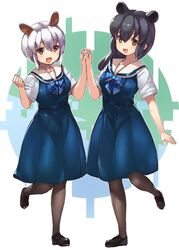  2girls :d alternate_costume animal_ears anteater_ears black_footwear black_hair black_legwear blue_dress blue_neckwear bow bowtie commentary dress extra_ears full_body highres holding_hands interlocked_fingers kemono_friends kemono_friends_3 loafers long_hair malayan_tapir_(kemono_friends) matching_outfits multiple_girls open_mouth pantyhose plaid_neckwear pleated_dress sailor_collar sailor_dress shoes short_hair short_sleeves smile southern_tamandua_(kemono_friends) standing standing_on_one_leg tadano_magu tail tapir_tail white_hair 