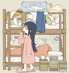  2girls bad_id bad_twitter_id bed black_eyes black_hair blonde_hair book book_stack broom bunk_bed candy chito_(shoujo_shuumatsu_ryokou) chocolate chocolate_bar closed_eyes coffee_mug commentary contemporary creature cup fish food full_body long_hair long_sleeves messy_sleeper mug multiple_girls pajamas poster_(object) potato robe shoes shoujo_shuumatsu_ryokou simple_background sleeping sleepy stairs symbol-only_commentary tm_(utfp3372) walking yawning yuuri_(shoujo_shuumatsu_ryokou) 