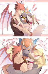  absurd_res amorey anothereidos_of_dragon_vein_r anthro barboros_(anothereidos_r) beard chibi clothing dragon facial_hair gaia_(anothereidos_r) ge5ajtqitgcpx0m group hair hi_res horn hug humanoid kissing kissing_cheek kobold male male/male membrane_(anatomy) membranous_wings mythological_creature mythological_scalie mythology red_hair scalie shirt size_difference tail tank_top topwear trio wings yellow_eyes 