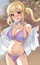  aranami_shibuki bang_dream! bikini blonde_hair blush breasts cleavage collarbone collared_shirt commentary_request cowboy_shot female groin hair_between_eyes hair_ornament halterneck highres ichigaya_arisa large_breasts long_hair looking_at_viewer midriff navel nose_blush open_mouth outdoors purple_bikini revision shirt side-tie_bikini_bottom sidelocks single_bare_shoulder solo standing string_bikini swimsuit twintails undressing white_shirt x_hair_ornament yellow_eyes 