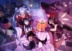  3girls animal_ears annoyed arknights black_dress black_footwear black_gloves black_hair black_headwear black_jacket black_skirt black_thighhighs book breasts candle city claw_pose cleavage closed_mouth commentary costume couch dress emperor_(arknights) energy_wings english_commentary exusiai_(arknights) fingerless_gloves garter_straps ghost gloves halo hat high_heels indoors inuko_(redconstellation) jack-o&#039;-lantern jacket lappland_(arknights) long_hair long_sleeves lower_teeth_only medium_breasts multiple_girls night on_couch open_mouth ponytail puffy_short_sleeves puffy_sleeves purple_footwear red_dress red_hair shirt shirt_tucked_in shoe_soles short_hair short_sleeves skirt sleeveless sleeveless_dress smile standing standing_on_one_leg star_(symbol) suspenders teeth texas_(arknights) thighhighs twintails watermark white_hair white_shirt window witch_hat wolf_ears yellow_eyes 