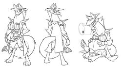  anthro barrel belt black_and_white canid canine canis clothed clothing coat coyote digitigrade duster_coat fallout fan_character female front_view furgonomics hat headgear headwear hi_res hybrid knee_pads looking_aside looking_at_viewer mammal microsoft midriff model_sheet monochrome muniversalarts night_stalker_(fallout) pit_viper rattle_(anatomy) rear_view reptile scalie shoulder_pads simple_background sitting snake snap_(balancedwolf) solo standing thick_neck tongue tongue_out topwear viper white_background 