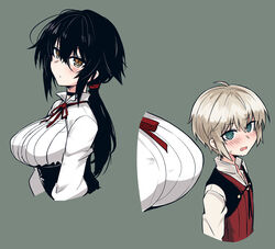  1boy age_difference ahoge black_choker black_hair blonde_hair blush breasts brown_eyes choker commentary_request female green_eyes hair_between_eyes large_breasts long_hair long_sleeves low_ponytail null_(nyanpyoun) original ponytail shirt short_hair simple_background upper_body white_shirt 