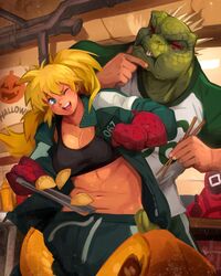  2boys absurdres black_sports_bra blonde_hair breasts caiman_(dorohedoro) cleavage collarbone commentary cosplay crossover dorohedoro dumpling eating english_commentary female food furry furry_male gym_uniform halloween halloween_costume highres hood hoodie jacket jiaozi khyle. lizardman long_hair long_sleeves mask medium_breasts multiple_boys navel nikaidou_(dorohedoro) one_eye_closed open_clothes open_jacket oven_mitts pants pink_hoodie ponytail smile sports_bra sportswear squid_game tongs track_jacket track_pants track_suit worker_(squid_game) 