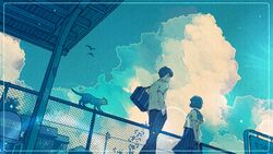  1boy aqua_theme arms_behind_back backlighting bag bird blue_sky chain-link_fence cloud commentary_request day feline female fence from_behind hand_in_pocket original outdoors pleated_skirt school_bag school_uniform serafuku short_hair skirt sky standing train_station uniform wacca005 