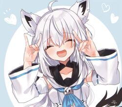  absurdres ahoge animal_ear_fluff animal_ears arms_up bad_id bad_pixiv_id blue_neckerchief blush braid closed_eyes detached_sleeves double_fox_shadow_puppet earrings facing_viewer female fox_ears fox_girl fox_shadow_puppet fox_tail hair_between_eyes heart highres hololive hood hoodie jewelry long_hair neckerchief noi_mine open_mouth pentagram shirakami_fubuki shirakami_fubuki_(1st_costume) side_braid sidelocks solo tail virtual_youtuber white_hair white_hoodie white_sleeves 