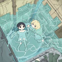  2girls bad_id bad_twitter_id black_eyes black_hair blonde_hair blue_eyes chito_(shoujo_shuumatsu_ryokou) closed_eyes clothes_on_floor creature floating floating_hair full_body hat highres industrial_pipe multiple_girls open_mouth shirt shoujo_shuumatsu_ryokou smile tm_(utfp3372) water white_shirt yuuri_(shoujo_shuumatsu_ryokou) 