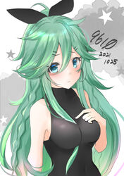  9610_(kuroto) alternate_costume black_ribbon blue_ribbon braid female green_eyes green_hair hair_between_eyes hair_flaps hair_ornament hair_ribbon hairclip highres kantai_collection long_hair one-hour_drawing_challenge parted_bangs ponytail ribbon sidelocks sleeveless solo turtleneck twin_braids yamakaze_(kancolle) yamakaze_kai_ni_(kancolle) 