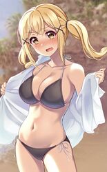  aranami_shibuki bang_dream! bikini black_bikini blonde_hair blush breasts cleavage collarbone collared_shirt commentary_request cowboy_shot female groin hair_between_eyes hair_ornament halterneck highres ichigaya_arisa large_breasts long_hair looking_at_viewer midriff navel nose_blush open_mouth outdoors revision shirt side-tie_bikini_bottom sidelocks single_bare_shoulder solo standing string_bikini swimsuit twintails undressing white_shirt x_hair_ornament yellow_eyes 