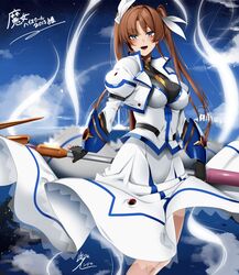  :d black_gloves blue_eyes blue_sky bow breasts brown_hair circle_skirt commission doko_tetora female fingerless_gloves flying gloves hairbow holding juliet_sleeves long_hair long_sleeves looking_at_viewer lyrical_nanoha mahou_shoujo_lyrical_nanoha_strikers medium_breasts necktie night night_sky puffy_sleeves raising_heart raising_heart_(exceed_mode) signature skeb_commission skirt sky smile solo takamachi_nanoha takamachi_nanoha_(exceed_mode) twintails white_bow white_skirt yellow_necktie 