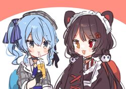  2girls :3 :d animal_ears bad_id bad_twitter_id black_choker black_gloves blue_bow blue_hair blush bow brown_hair choker crossover dot_nose drinking gloves grey_eyes grey_headwear hairbow hat heterochromia highres hololive hoshimachi_suisei hoshimachi_suisei_(1st_costume) inui_toko long_sleeves maid maid_headdress multiple_girls nijisanji noi_mine open_mouth partially_fingerless_gloves red_eyes side_ponytail sleeves_past_fingers sleeves_past_wrists smile virtual_youtuber wa_maid wide_sleeves yellow_eyes 