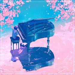  album_cover black_footwear black_hair black_skirt blue_hoodie boots cherry_blossoms commentary commission cover facing_away female flower from_above grand_piano hood hoodie instrument kneehighs long_sleeves music original outdoors petals piano pink_flower playing_instrument playing_piano pleated_skirt reflection sitting skirt socks surreal wacca005 water water_world white_legwear wide_shot 