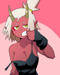  aqua_nails black_camisole breasts camisole colored_skin commentary earrings english_commentary female hand_up horns jewelry meisha_(scott_malin) original parted_lips pink_background pointy_ears red_skin scott_malin solo strap_slip tank_top upper_body white_hair yellow_eyes 