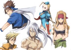  2girls 3boys ahoge alex_(street_fighter) alfred_(fatal_fury) antenna_hair blonde_hair blue_eyes braid breasts brown_eyes brown_hair cammy_white charlie_nash closed_mouth crossover fatal_fury fighting_ex_layer fingerless_gloves garrison_cap genderswap_(mtf) gloves hat highres kairi_(street_fighter_ex) leotard long_hair looking_at_viewer medium_breasts midnight_bliss multiple_boys multiple_girls murata_tefu rule_63 scar simple_background street_fighter street_fighter_ex_(series) street_fighter_ii_(series) street_fighter_zero_(series) thong_leotard twin_braids white_background 