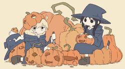  2girls :d alternate_costume bad_id bad_twitter_id black_eyes black_hair blonde_hair chito_(shoujo_shuumatsu_ryokou) creature floating full_body halloween hat knife long_sleeves multiple_girls nuko_(shoujo_shuumatsu_ryokou) pumpkin pumpkin_hat robe shoes shoujo_shuumatsu_ryokou simple_background sitting smile tm_(utfp3372) wand witch witch_hat yuuri_(shoujo_shuumatsu_ryokou) 