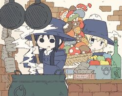  2girls alternate_costume bad_id bad_twitter_id black_eyes black_hair blonde_hair cauldron chito_(shoujo_shuumatsu_ryokou) cooking cooking_pot floating frying_pan hat levitation long_hair long_sleeves multiple_girls mushroom nuko_(shoujo_shuumatsu_ryokou) potato robe shoes shoujo_shuumatsu_ryokou simple_background smoke stirring tm_(utfp3372) witch witch_hat yuuri_(shoujo_shuumatsu_ryokou) 