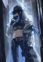  armband assault_rifle bare_shoulders baseball_cap belt black_belt black_gloves black_hat black_mask black_pants black_shirt black_tank_top blood blue_archive blue_eyes blue_hair blurry blurry_background breasts buckle chest_harness city cityscape coat commentary covered_mouth crop_top dirty female gloves gun hair_between_eyes halo harness hat highres holding holding_gun holding_mask holding_weapon jacket long_hair long_sideburns long_sleeves looking_to_the_side mask mask_pull medium_breasts midriff mouth_mask navel night off_shoulder open_clothes open_jacket outdoors pants quasarcake rain raincoat rifle saori_(blue_archive) scope shirt sideburns sig_516 sleeveless sleeveless_shirt snap-fit_buckle solo standing star_halo stomach tank_top underbust weapon wet white_coat white_jacket wind 