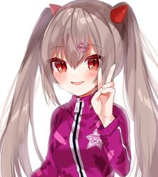  :d blush commission copyright_request dot_nose female grey_hair horns jacket looking_at_viewer noi_mine pink_jacket red_eyes simple_background skeb_commission smile solo twintails upper_body v white_background 