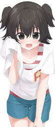  :d absurdres akagi_miria black_hair blush collarbone commentary_request enri_madoka female green_shorts highres holding holding_towel idolmaster idolmaster_cinderella_girls leaning_forward looking_at_viewer multicolored_hair shorts simple_background smile solo sweatdrop towel two-tone_hair white_background white_towel 