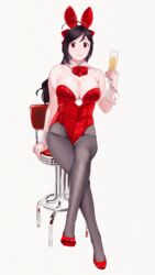  absurdres alcohol alternate_costume animal_ears bar_stool bare_shoulders black_hair black_pantyhose bow bowtie breasts champagne cleavage cup detached_collar drinking_glass fake_animal_ears female full_body high_heels highres holding holding_cup kantai_collection large_breasts leotard long_hair looking_at_viewer mamiya_(kancolle) ojipon pantyhose playboy_bunny rabbit_ears red_bow red_eyes red_footwear red_leotard simple_background solo stool white_background wrist_cuffs 