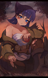  bad_id bad_pixiv_id blue_eyes blunt_bangs boots brown_bag brown_pants closed_mouth cloud coin_(pokemon) commentary_request eyelashes facepaint female green_jacket highres holding holding_poke_ball jacket looking_at_viewer md5_mismatch medium_hair moon off_shoulder outdoors pants poke_ball poke_ball_(legends) pokemon pokemon_legends:_arceus purple_hair sitting sky solo twilight umiru 