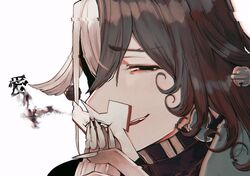  1boy albino_(a1b1n0623) androgynous ashiya_douman_(fate) asymmetrical_hair bad_id bad_twitter_id bell black_eyes blush collar curly_hair earrings evil_smile eyelashes fangs fate/grand_order fate_(series) glitch hair_bell hair_between_eyes hair_intakes hair_ornament highres holding holding_weapon jewelry jitome long_hair magatama magatama_earrings male_focus multicolored_hair onmyouji parted_lips portrait purple_collar shikigami smile smirk smoke smug solo squinting two-tone_hair very_long_fingernails weapon 