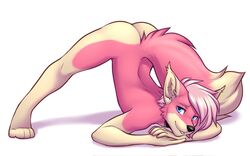  2021 anthro ass ass_up canid canine canis digitigrade dipstick_tail hi_res jack-o&#039;_pose lazzie lockworkorange male mammal markings nude pink_body pose simple_background solo tail tail_markings tan_body white_background white_body wolf 