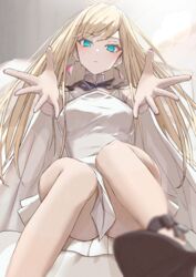  absurdres blonde_hair blue_eyes blush breasts capelet dress earrings expressionless female gigi_andalusia gundam gundam_hathaway&#039;s_flash head_tilt highres jewelry lens_flare long_hair looking_at_viewer necosuna7l open_hands outstretched_arms sitting small_breasts solo straight-on triangle_earrings white_capelet white_dress 