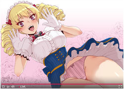  blonde_hair bow breasts drill_hair female gloves hairbow highres indie_virtual_youtuber kikaze_kimiko large_breasts lips looking_at_viewer medium_hair mole mole_under_eye open_mouth panties pantyshot pink_panties purple_eyes red_bow short_sleeves solo sumiosmith teeth tongue twin_drills underwear upper_teeth_only virtual_youtuber white_gloves 