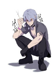  &gt;_&lt; 1boy black_footwear black_nails black_pants boots bracelet camu_(punishing:_gray_raven) choker cigarette closed_eyes coughing earrings full_body gloves grey_shirt hair_between_eyes holding holding_cigarette horns jewelry male_focus open_mouth pants punishing:_gray_raven purple_hair sachiko_y shadow shirt short_hair short_sleeves single_glove single_horn smoking squatting tattoo white_background 