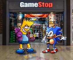  absurd_res anthro bart_simpson black_body black_skin blue_body blue_fur classic_sonic classic_sonic_(universe) clothing english_text ess_n_stuffs eulipotyphlan fur gamestop gesture god_of_war hand_gesture hedgehog hi_res human jacket male mammal meme nintendo_labo one_eye_closed photo_background photography_(artwork) sega smile sonic_characters_walking_into_stores sonic_the_hedgehog sonic_the_hedgehog_(series) sony_corporation sony_interactive_entertainment stealing text the_simpsons thumbs_up topwear wink yellow_body yellow_skin 