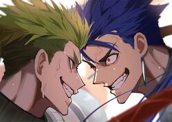  2boys absurdres achilles_(fate) angry armor blue_hair clenched_teeth cu_chulainn_(fate) duel earrings eye_contact face-to-face fate_(series) furrowed_brow green_hair haruakira highres jewelry long_hair looking_at_another male_focus multiple_boys ponytail red_eyes short_hair teeth undercut upper_body veiny_face white_background yellow_eyes 