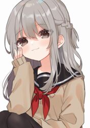  :3 absurdres bad_id bad_pixiv_id black_pantyhose black_sailor_collar blush braid brown_eyes cardigan closed_mouth female fingernails french_braid grey_cardigan grey_hair grey_sweater hand_on_own_cheek hand_on_own_face hand_up highres long_sleeves looking_at_viewer neckerchief noi_mine original pantyhose red_neckerchief sailor_collar simple_background sitting sleeves_past_wrists smile solo sweater white_background 