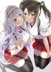  2girls anbutter_siruko black_thighhighs blush brown_eyes closed_mouth green_eyes green_hair hair_between_eyes hair_ribbon hakama hakama_skirt headband highres japanese_clothes kantai_collection long_hair multiple_girls red_hakama ribbon shoukaku_(kancolle) shoukaku_kai_ni_(kancolle) skirt smile tasuki thighhighs twintails twitter_username white_background white_hair white_ribbon zuikaku_(kancolle) zuikaku_kai_ni_(kancolle) 