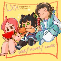  1boy 2girls animal_ears asahi_(sakanasakana) black_eyes black_hair blush burger cat_ears closed_eyes copyright_name food fruit green_eyes holding holding_food holding_fruit lanxi_zhen li_qingning_(the_legend_of_luoxiaohei) luo_xiaobai luo_xiaohei luo_xiaohei_(human) luo_xiaohei_zhanji multiple_girls red_hair short_hair sitting watermark 