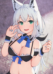  absurdres ahoge animal_ears aqua_eyes armband bikini blue_nails blush braid breasts cleavage female fox_ears fox_girl frills highres hololive large_breasts long_hair low_ponytail nail_polish navel nemurimangetsu shirakami_fubuki side_braid solo stomach sweat sweatdrop swimsuit upper_body very_long_hair virtual_youtuber white_hair 