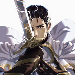  1boy absurdres alternate_costume bikini_boody black_eyes black_hair cape commission commissioner_upload electricity fire_emblem fire_emblem:_thracia_776 fire_emblem_heroes gloves highres holding male_focus one_eye_covered reinhardt_(fire_emblem) reinhardt_(resplendent)_(fire_emblem) simple_background solo sword weapon 