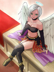  angel angel_wings bare_shoulders black_gloves black_thighhighs boots breasts bridal_gauntlets cleavage collarbone commentary_request crop_top crossed_legs dragon_quest dragon_quest_ix earrings feathered_wings female gloves green_eyes grey_hair halo highres hoop_earrings jewelry large_breasts looking_at_viewer looking_up midriff navel pekuchin_(pekuchin_3) raviel short_hair sitting sitting_on_table solo thighhighs white_wings wings 