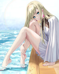  absurdres barefoot blonde_hair blue_eyes breasts capelet dress earrings eyebrows_hidden_by_hair female gigi_andalusia gundam gundam_hathaway&#039;s_flash hair_behind_ear head_tilt highres jewelry long_hair nail_polish pink_nails sitting small_breasts soaking_feet solo toenail_polish toenails tooku0 triangle_earrings water white_capelet white_dress 