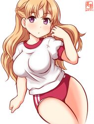  blonde_hair blush braid breasts brown_eyes buruma cowboy_shot female french_braid gym_shirt gym_uniform kanon_(kurogane_knights) kantai_collection large_breasts long_hair looking_at_viewer one-hour_drawing_challenge purple_eyes red_buruma shirt short_sleeves simple_background solo wavy_hair white_background zara_(kancolle) 