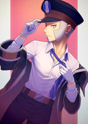  1boy belt belt_buckle black_hat black_pants blue_necktie brown_belt buckle collarbone collared_shirt commentary_request cowboy_shot dress_shirt frown gloves grey_eyes grey_hair hand_on_headwear hat highres ingo_(pokemon) long_sideburns long_sleeves male_focus minamo_(erkn7553) necktie necktie_grab neckwear_grab off_shoulder pants parted_lips peaked_cap pokemon pokemon_bw shirt short_hair sideburns solo white_gloves white_shirt 