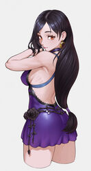  arm_up armpits ass back backless_dress backless_outfit bare_arms bare_shoulders black_flower black_hair black_rose breasts cheshirrr choker closed_mouth cropped_legs dress earrings female final_fantasy final_fantasy_vii final_fantasy_vii_remake flower from_behind highres jewelry long_hair looking_at_viewer looking_back low-tied_long_hair medium_breasts official_alternate_costume photoshop_(medium) pink_lips purple_choker purple_dress red_eyes rose short_dress sideboob sleeveless sleeveless_dress smile solo tifa_lockhart tifa_lockhart_(refined_dress) very_long_hair 