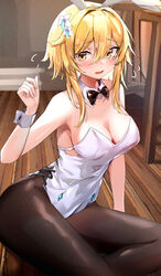  absurdres animal_ears black_bow black_bowtie black_pantyhose blonde_hair bow bowtie breasts cleavage collarbone commentary_request detached_collar fake_animal_ears female flower genshin_impact hair_between_eyes hair_flower hair_ornament highres indoors leotard looking_at_viewer lumine_(genshin_impact) medium_breasts nanashinayuzu_mochi on_floor open_mouth pantyhose playboy_bunny rabbit_ears short_hair sidelocks sitting solo stool white_leotard wooden_floor wrist_cuffs yellow_eyes 