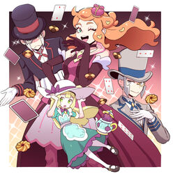  2boys 2girls ;d bad_id bad_twitter_id blonde_hair border card commentary_request crown dede_(qwea_00000) dress elbow_gloves emmet_(pokemon) emmet_(special_costume)_(pokemon) eyelashes floating_hair gloves green_dress green_eyes grey_headwear hands_on_headwear hat ingo_(pokemon) ingo_(special_costume)_(pokemon) korean_commentary lillie_(pokemon) lillie_(special_costume)_(pokemon) long_hair mini_crown multiple_boys multiple_girls neck_ribbon official_alternate_costume one_eye_closed open_mouth orange_hair playing_card pokemon pokemon_masters_ex red_ribbon ribbon shirt short_sleeves smile sonia_(pokemon) sonia_(special_costume)_(pokemon) sparkle teeth tongue top_hat upper_teeth_only white_border white_gloves white_headwear white_shirt 