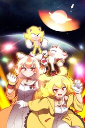  2boys 2girls :d akainu_pony animal_collar animal_ears blonde_hair bone_hair_ornament breasts chaos_emerald claw_pose closed_mouth collar commentary_request dog_ears dog_tail dress dual_persona earth_(planet) furry furry_male gloves hair_ornament highres hololive inugami_korone inugami_korone_(1st_costume) jacket long_hair multicolored_hair multiple_boys multiple_girls open_mouth planet red_eyes red_hair serious shadow_the_hedgehog smile sonic_(series) sonic_adventure_2 sonic_the_hedgehog space space_colony_ark super_shadow super_sonic tail two-tone_hair v-shaped_eyebrows virtual_youtuber white_dress white_gloves white_hair yellow_jacket 