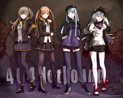  404_(girls&#039;_frontline) 4girls ammo21204760 armband beret black_jacket black_pantyhose black_skirt black_thighhighs blunt_bangs brown_eyes brown_hair cross_hair_ornament facial_mark g11_(girls&#039;_frontline) girls&#039;_frontline green_eyes green_jacket grey_hair hair_ornament hat highres hk416_(girls&#039;_frontline) hood hooded_jacket jacket long_hair long_sleeves military_jacket miniskirt multiple_girls one_side_up pantyhose plaid plaid_skirt pleated_skirt purple_eyes scar scar_across_eye shirt skirt sleeveless sleeveless_shirt teardrop_tattoo thighhighs twintails ump45_(girls&#039;_frontline) ump9_(girls&#039;_frontline) white_shirt yellow_armband 